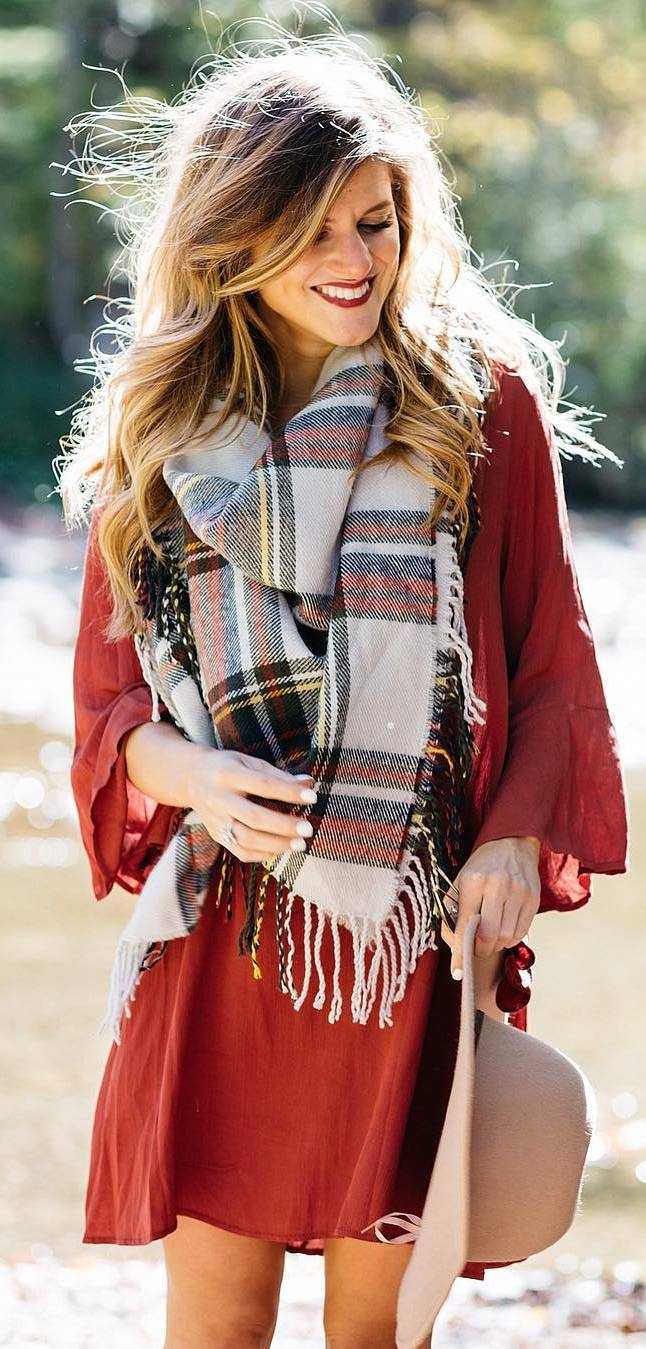 fall outfit of the day | red dress + hat + plaid scarf