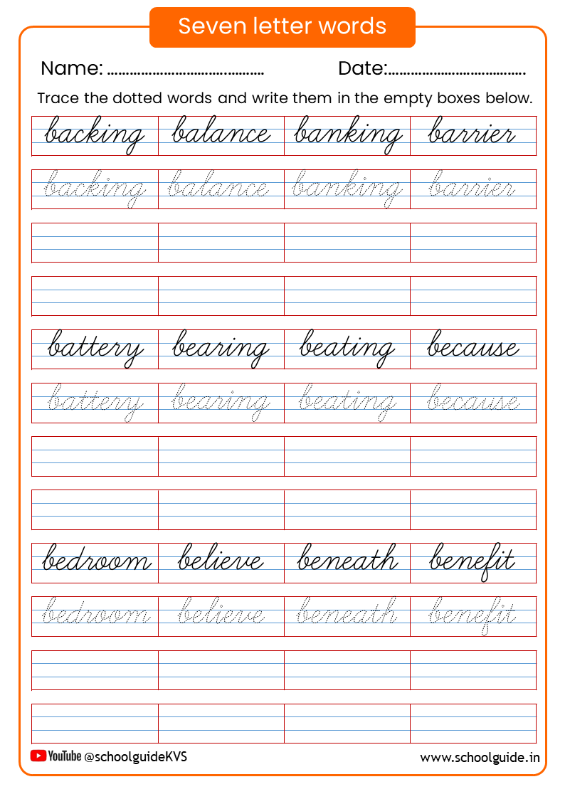 Seven Letter Words Cursive Writing Worksheets