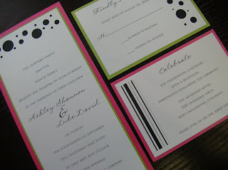 custom wedding invitation: hot pink and lime (chartreuse) flat panel invitation with polka dots and stripes