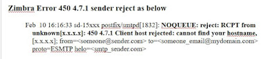 Zimbra Error 450 4.7.1 sender reject
