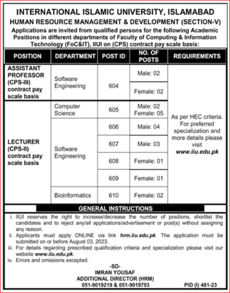 Jobs in International Islamic University Islamabad