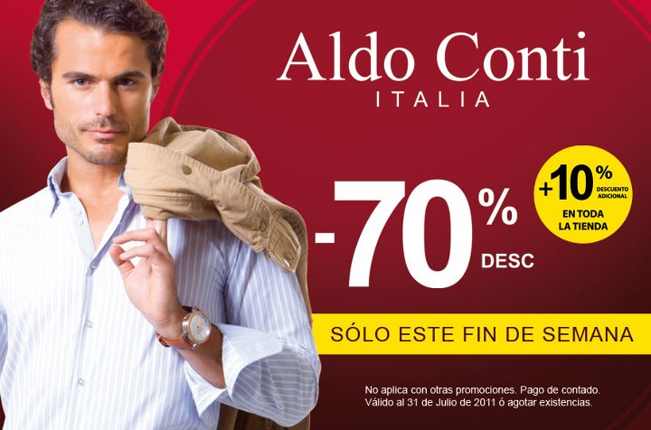 Aldo Conti: 70% en toda la tienda mÃ¡s 10% adicional.