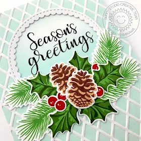 Sunny Studio Stamps: Christmas Trimmings Season's Greetings Pinecones & Holly Holiday Card by Mendi Yoshikwa