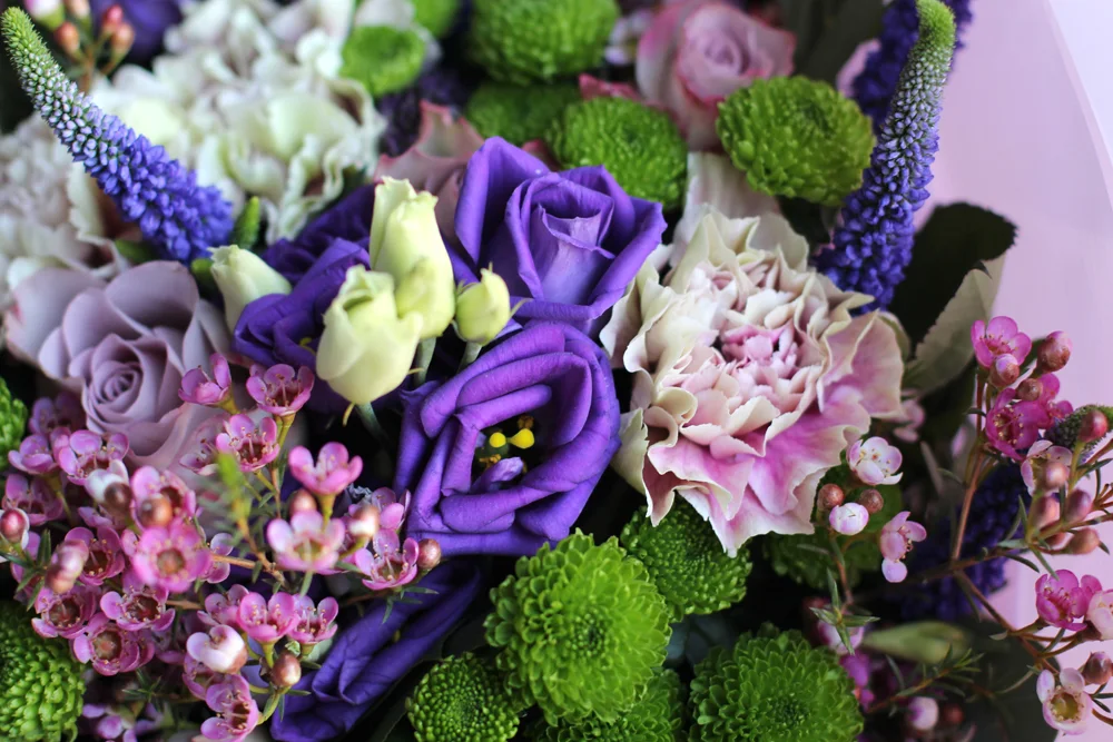 Pink, purple and green spring flowers bouquet - British lifestyle blogger