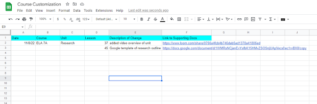 screenshot of organizational spreadsheet