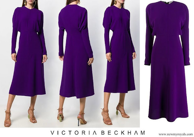 Queen Maxima wore Victoria Beckham purple puffled-sleeves dolman midi dress