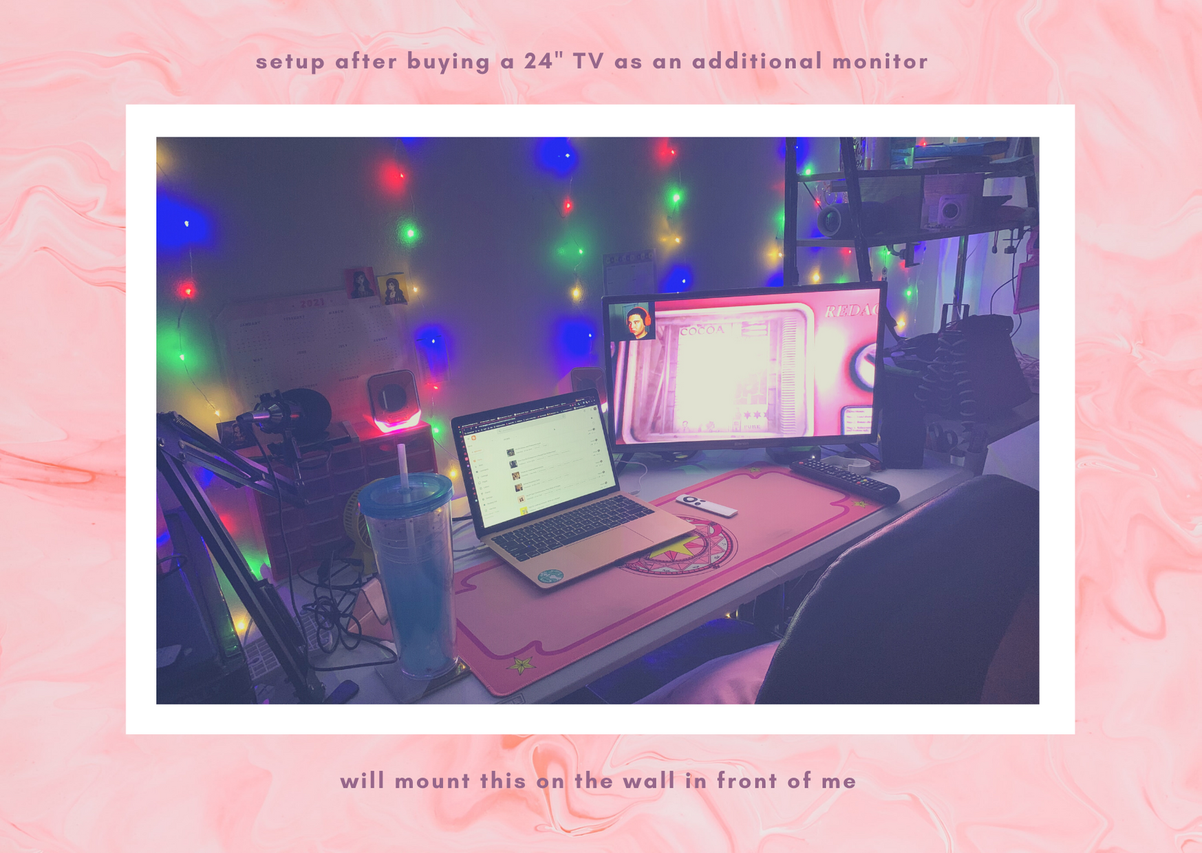 2021 work space, pink mat, 24 inch tv, macbook air 2020, mood lighting