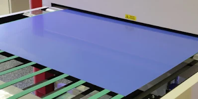 Blue coating on offset printing plate.