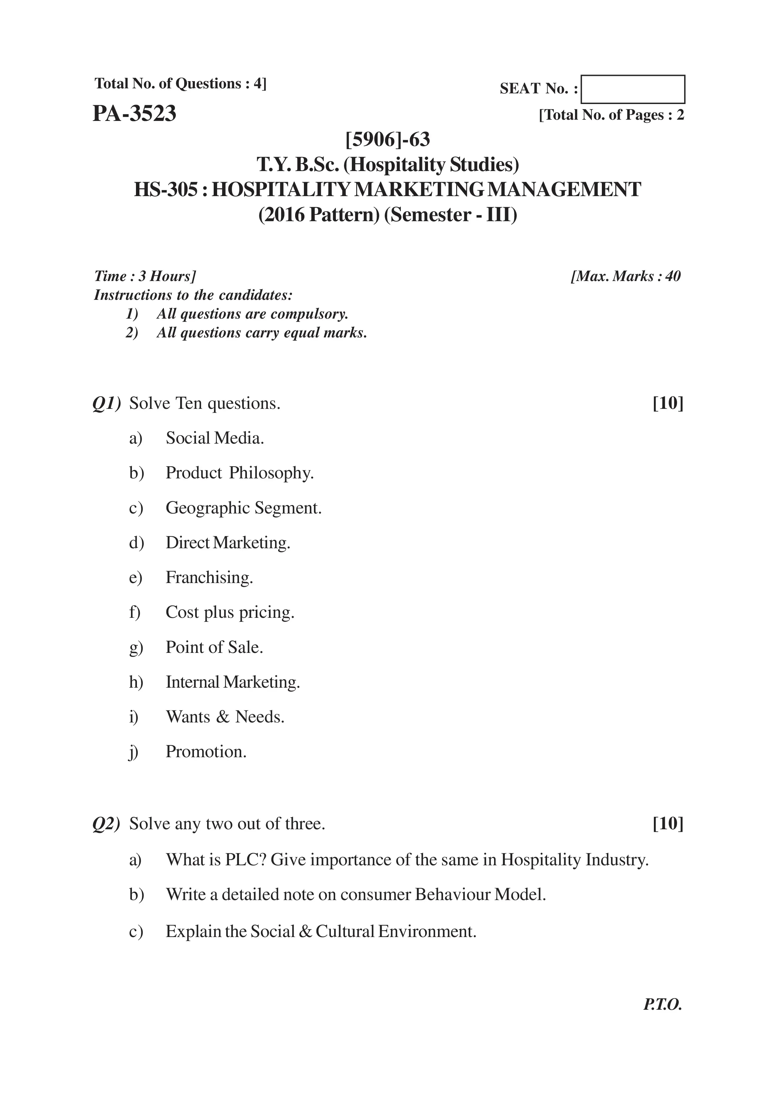 TYBSC(HS) - HOSPITALITY MARKETING MANAGEMENT Question Paper (2016 Pattern)