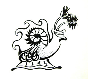 Ink Blot illustration of a snail named Speedy McBubbles in black ink on white paper.