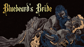 The cover art for Bluebeard's Bride. Bluebeard himself holds his wife in an awkward embrace, as she holds a ring of keys and hesitates, unsure of her husband. The image is in greyscale, except for Bluebeard's hair, which is blue, and the ring of keys in the bride's hand and some accents in the bride's dress, which are a muted bronze colour.