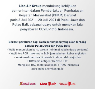 Syarat Penerbangan Terbaru Lion Air Group 3 s/d 20 JULI 2021