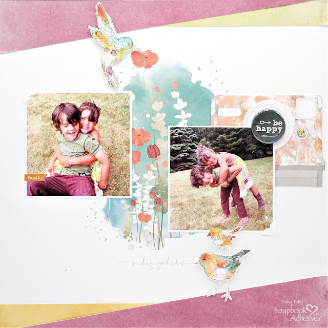 Good Vibes Sibling Love Scrapbook Layout with Watercolor Fussy Cut Birds