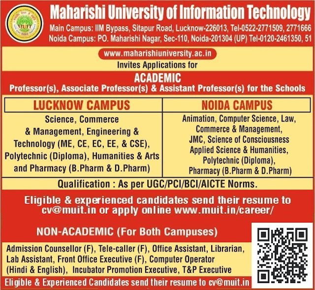 Maharishi University has invited application for the posts of Assistant Professors. The application process is underway and the last date for the submission of application form is 15 days from the date of publication in the employment news. Interested candidates can submit the application form in the prescribed format at http://muit.in/career/  Maharishi University recruitment vacancy details: This recruitment drive is being held in order to fill 110 Assistant Professor positions.  Maharishi University recruitment application fee: The application fee for the UR/OBC/EWS category is Rs 0.   Here's the direct link to apply : http://muit.in/career/  Maharishi  University recruitment: Know how to apply  Visit the official website Delhi University Assistant Professor recruitment page at www.maharishiuniversity.ac.in or www.muitnoida.edu.in  Register your self and fill the online application form  Submit all the required documents  Pay the application fee  Keep the copy of the same for future reference.  Interested candidates can check the eligibility criteria and other details on the official website of MUIT at muit.in   Maharishi University (MUIT) recruitment: Apply for Assistant Professor vacancies