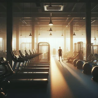 A serene gym scene bathed in soft lighting, with rows of cardio machines and weightlifting equipment neatly arranged