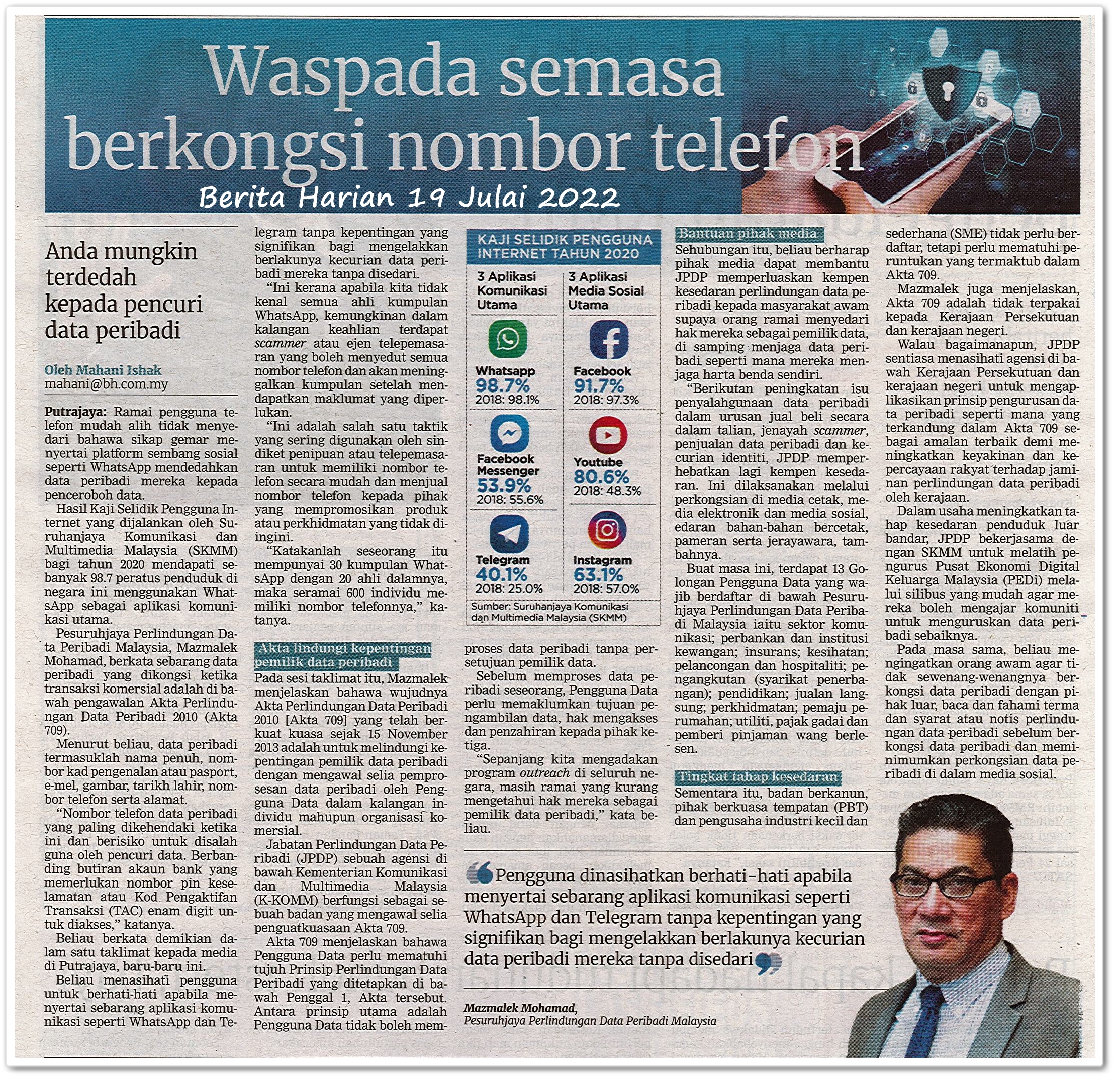 Waspada semasa berkongsi nombor telefon ; Hak kita tarik balik penggunaan data peribadi - Keratan akhbar Berita Harian 19 Julai 2022