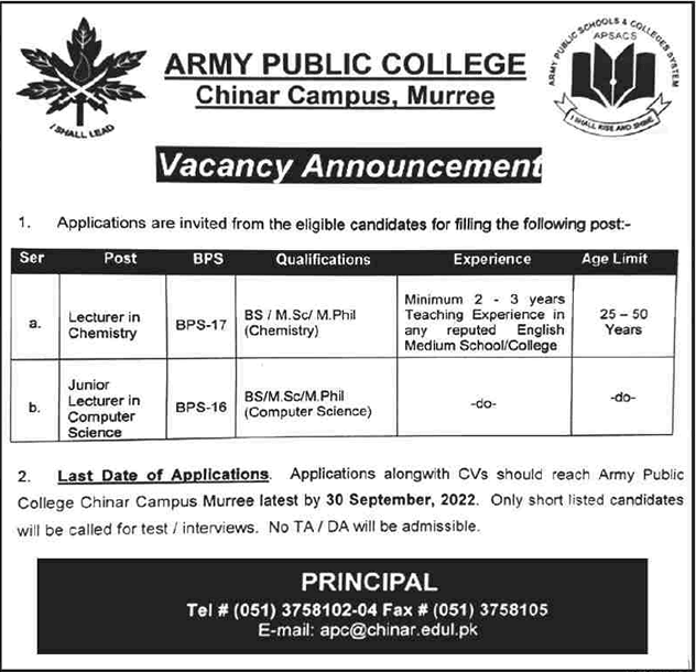 APC 2022 Jobs in Lecturer Jobs in Army Public College Chinar Campus Murree 2022 September / Jobzuking and Jobsguruhut Jobsbox1