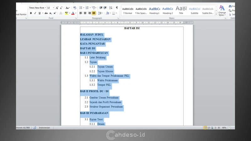 Cara Membuat Titik-titik di Daftar Isi Word 2010