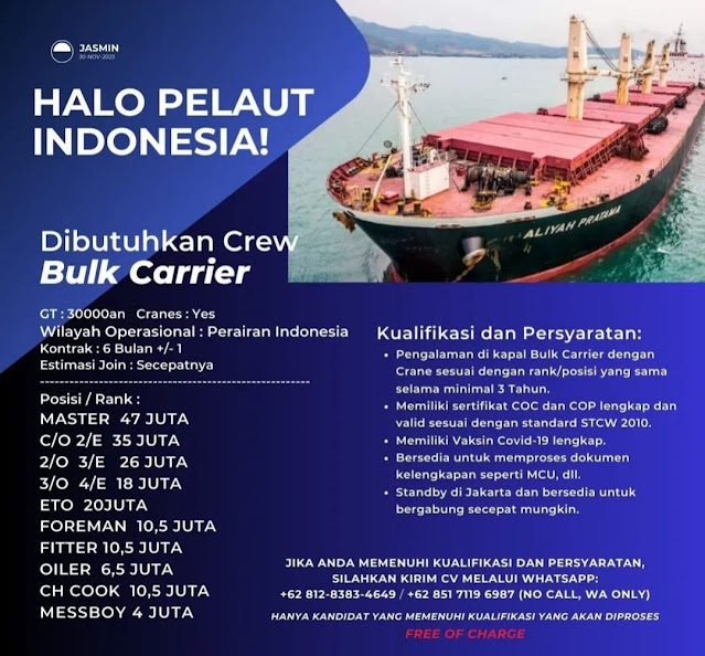 Info Loker Pelaut Kapal Curah Indonesia Nakhoda - Messboy Terbaru