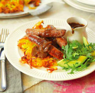 Oven Baked Potato Rosti, Sausages and Onion Gravy