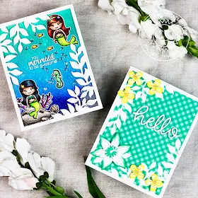Sunny Studio Stamps: Botanical Backdrop Dies Magical Mermaids Hello Word Die Cards by Rachel Alvarado