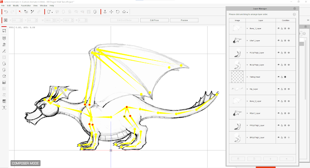 My Initial Dragon Rig. Notice in the Layer Manager that it isn't literally made from one sprite, and that I've added additional bones for the wings.