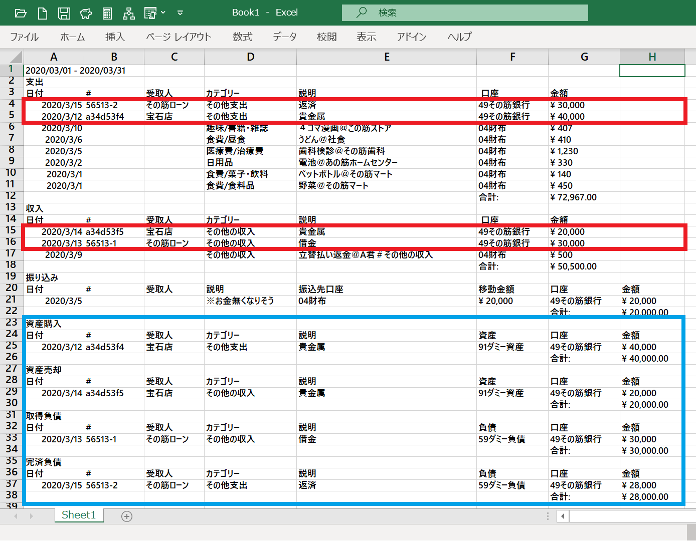 MoneyProからエクスポートしたCSVファイル