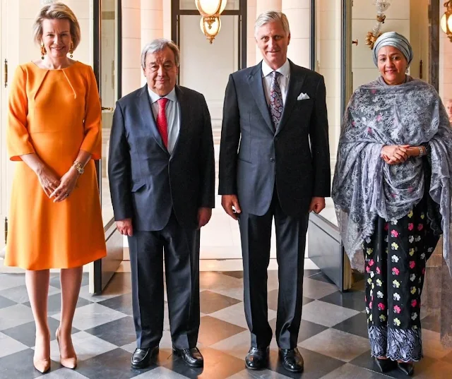 Queen Mathilde wore an orange midi dress by Natan. UN Deputy Secretary-General Amina Mohammed