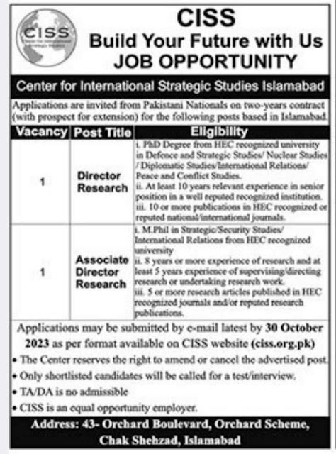Center For International strategic Studies Islamabad  Latest Job Opportunity 2023