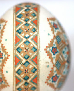 Brown Chicken Egg Pysanky Etched and Dyed Orange and Blue Traditional Star Pattern