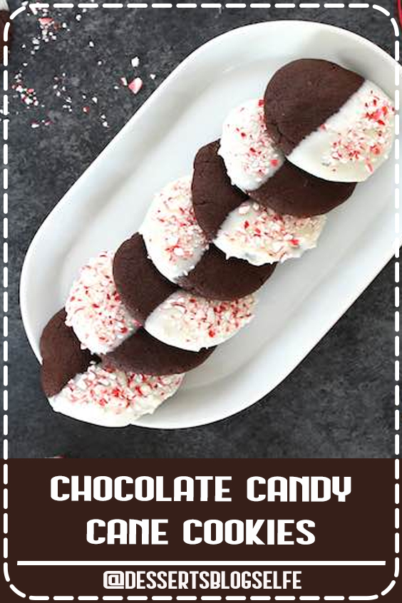 Chocolate Candy Cane Cookies have a moist and cakey texture, are dipped in white chocolate and have crushed peppermint candy cane sprinkled on top! Perfect for holiday parties, DIY holiday gifts and more! #DessertsBloSelfe #Chocolate #holiday #parties #DessertsforParties #christmas #cookieexchange