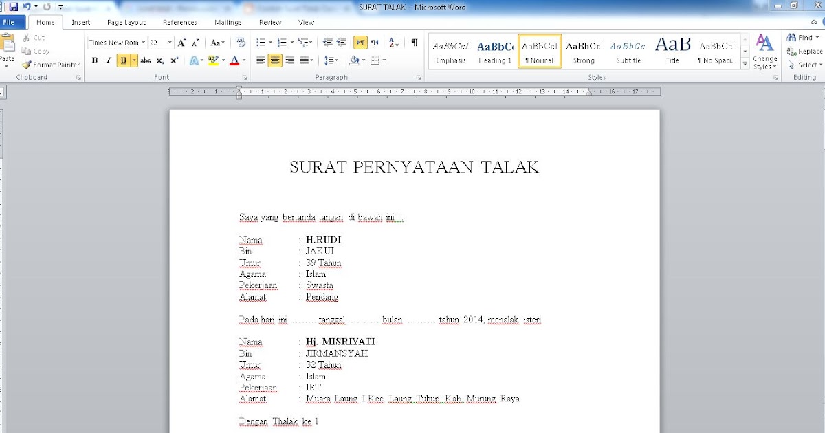 Doc Lengkap Contoh Surat Talak Simple Suami Kepada Istri Materai 6000 Dengan Format Terbarunya