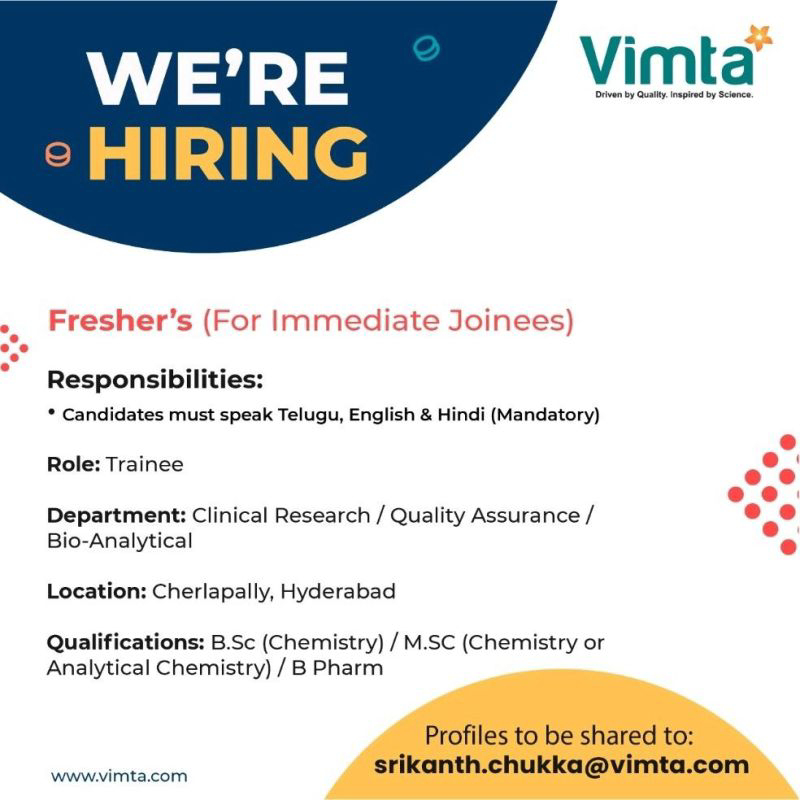 Job Availables,Vimta Job Vacancy For BSc Chemistry/ MSc( Chemistry/ Analytical Chemistry)/ B.Pharm- Freshers