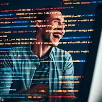 A programmer laughing heartily while surrounded by lines of code on a computer screen, representing the humorous journey of solving the "r_installsprite" error.