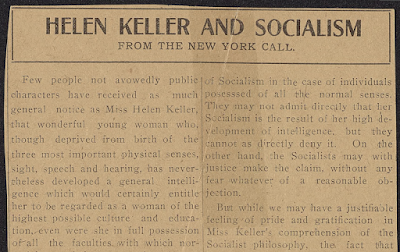 Article praising Helen Keller's Socialism, and criticizing those who fail to see Socialism as she does