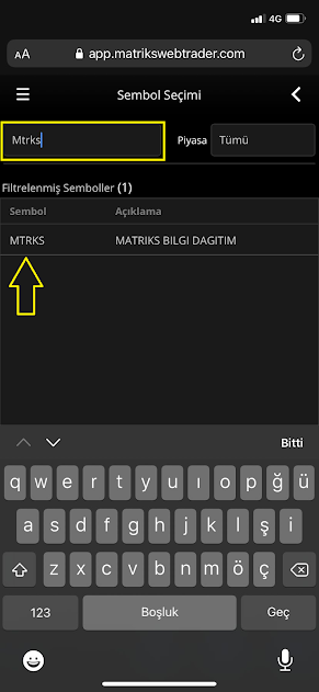 Matriks Web Trader Mobil Sembol Seçim Ekranı