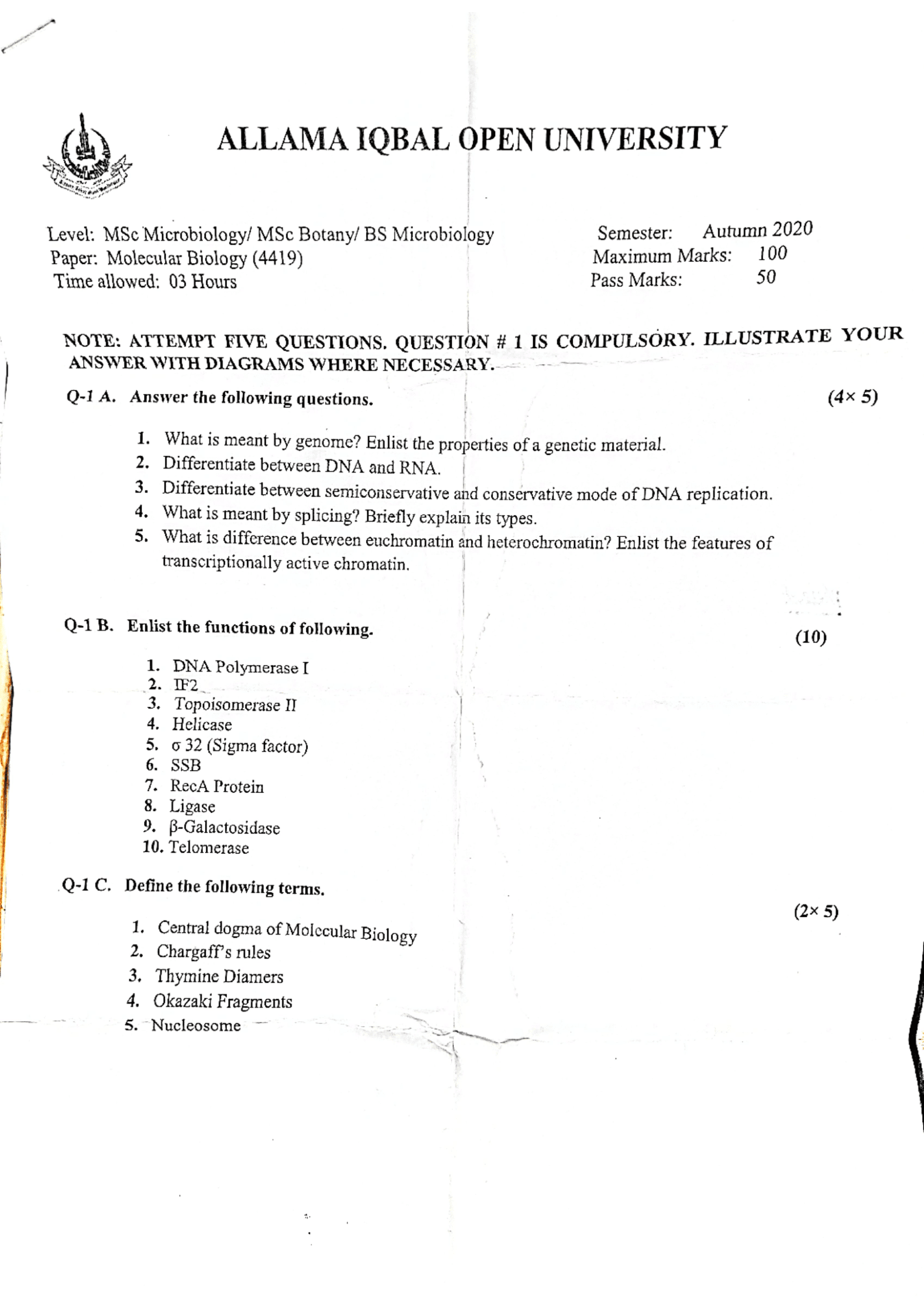 AIOU - Molecular Biology 4419 Autumn 2020