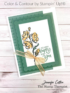 This green card use Stampin' Up!'s Color & Contour Bundle (Color & Contour stamp set and Scalloped Contours Dies).  It also uses the new in colors Pale Papaya and Soft Succulent (2021-2023), 2021-2023 In Color Shimmer Vellum, In-Color 6x6 Designer Series Paper Assortment, Wink of Stella, and Pale Papaya Open Weave Ribbon.  #StampinUp #InColor #StampTherapist #ColorandContour