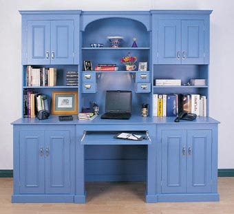 blue desk with large hutch