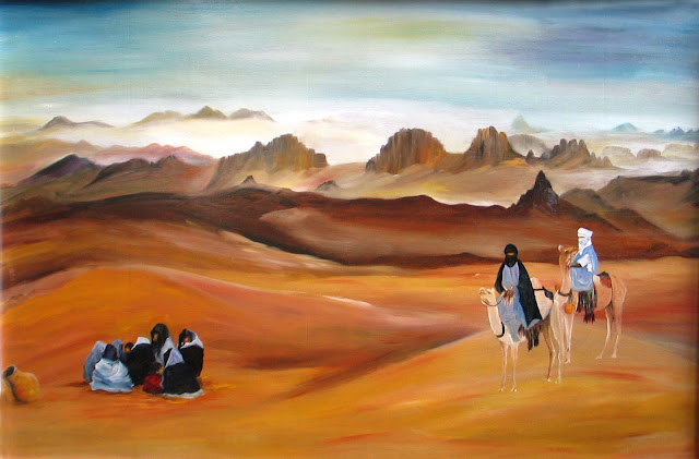 Touaregs dans le désert Sahara, Hoggar - Chapska - huile sur bois, 70/48