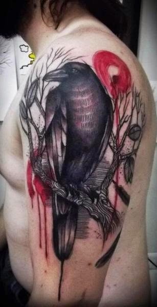 Men Shoulder Black Crow Tattoo, Tattoo On Black Crow For Men, Men With Black Crow Design Tattoo, Tattoo With Crow For Men Shoulder, Men, Parts, Birds,