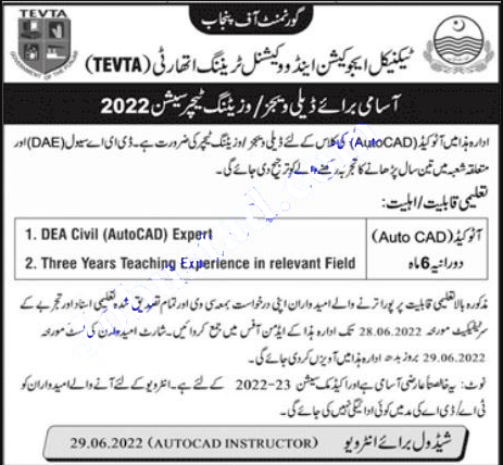 TEVTA Jobs in Punjab 2022 Application Form