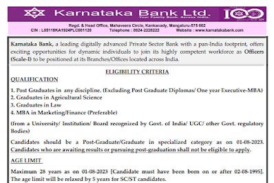 Karnataka Bank Ltd Officers (Scale-I) 2023 Online Form Karnataka Bank Ltd has given a Notification for the recruitment of Officer (Scale-I) vacancy. Those Candidates who are interested in the vacancy details & completed all eligibility criteria can read the Notification & Apply Online.  Karnataka Bank Ltd,Officer (Scale-I) Vacancy 2023 Application Fee:  For Others: Rs. 800/- (Plus Applicable GST)  For SC/ ST Candidates: Rs. 700/- (Plus Applicable GST)  Payment Mode: Through Online by using Debit Cards (RuPay/Visa/MasterCard/Maestro), Credit Cards, Internet Banking, IMPS, Cash Cards/Mobile Wallets, etc  Important Dates: