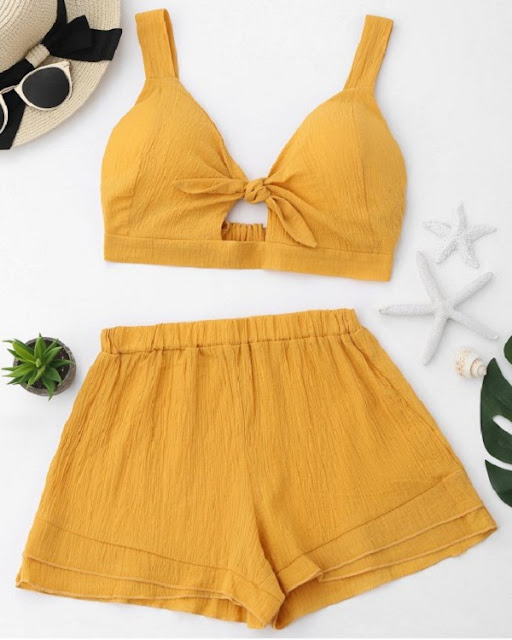 BUY 4 GET 1 FREE Cut Out Crop Top And Shorts Set - Ginger S