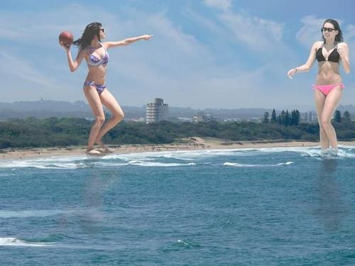 FAKE BIKINI Giantesses Selena Gomez and Miley cyrus beach ball playing