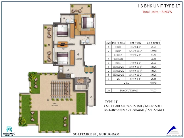 Solitaire 70 Floor Plan- 3BHK Type-1t