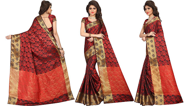 HashTag Fashion Floral Print, Solid, Woven, Applique, Checkered, Embellished, Printed, Self Design, Paisley Bollywood Nylon, Silk Saree  (Black, Red)