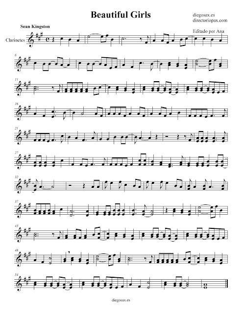 Partitura Beautiful Girls de Sean Kingston para CLARINETE - sheet music clarinet - También sirve para Saxofón tenor y soprano.