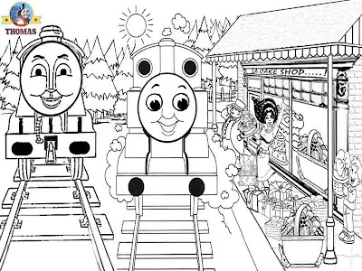 Joyful Easter coloring pictures of Gordon and Thomas the train characters at Easter gift basket shop