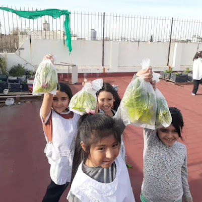 Foto 20: alumnos de segundo grado mostrando los alimentos cosechados por ellos de la huerta escolar